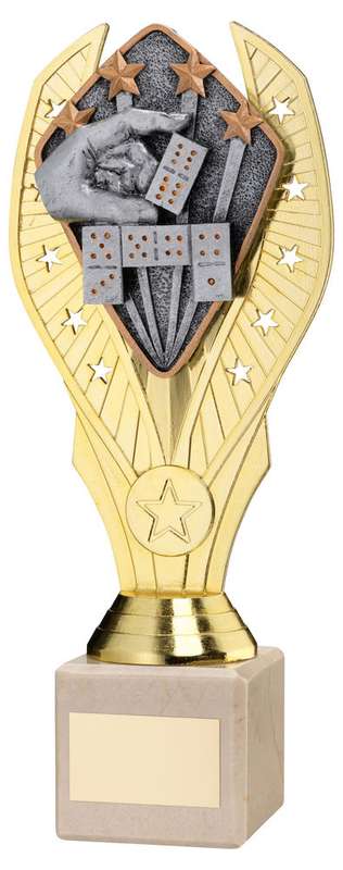 GOLD PLASTIC HOLDER + DOMINOES DISC ON CREAM MARBLE TROPHY (1in CEN) – 7.75in