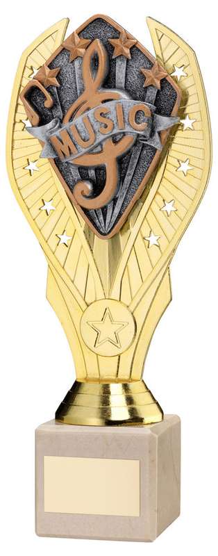 GOLD PLASTIC HOLDER + MUSIC DISC ON CREAM MARBLE TROPHY (1in CEN) – 7.75in