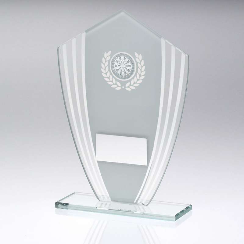 WHITE/SILVER GLASS SHIELD PLAQUE WITH DARTS INSERT & PLATE – 6.5in