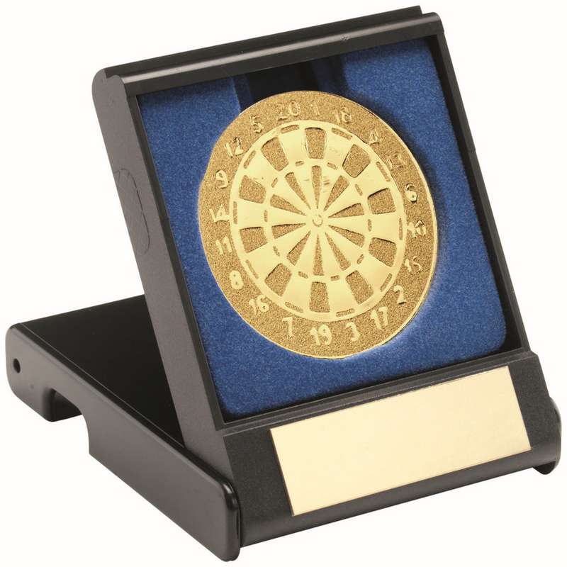 BLACK PLASTIC BOX WITH DARTS INSERT TROPHY GOLD – 3.5in