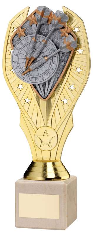 GOLD PLASTIC HOLDER + DARTS DISC ON CREAM MARBLE TROPHY (1in CEN) – 7.75in