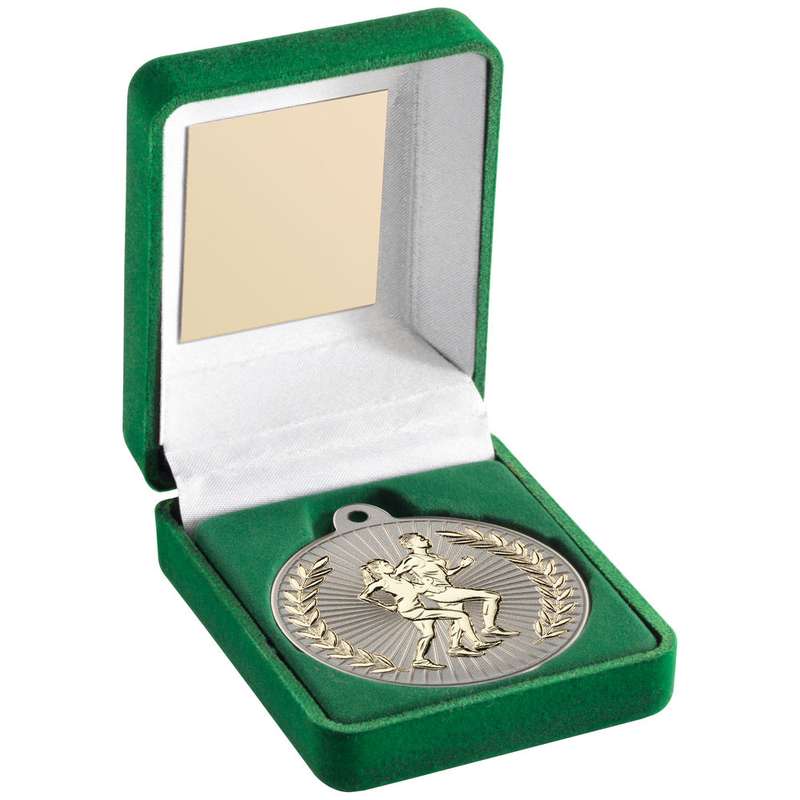 GREEN VELVET BOX AND 50mm RUNNING MEDAL TROPHY MATT SILVER/GOLD – 3.5in