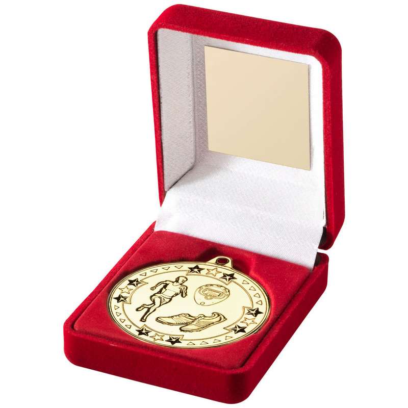 RED VELVET BOX AND 50mm MEDAL RUNNING TROPHY GOLD – 3.5in