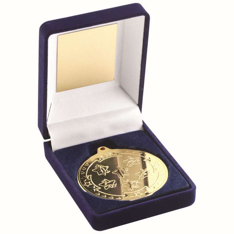 BLUE VELVET MEDAL BOX AND 50mm MEDAL MULTI ATHLETICS TROPHY GOLD – 3.5in