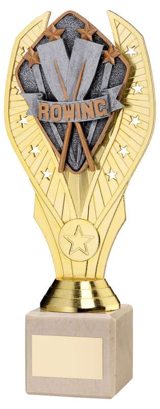 GOLD PLASTIC HOLDER + ROWING DISC ON CREAM MARBLE TROPHY (1in CEN) – 7.75in