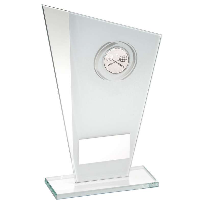WHITE/SILVER PRINTED GLASS PLAQUE WITH SQUASH INSERT WITH PLATE – 8in