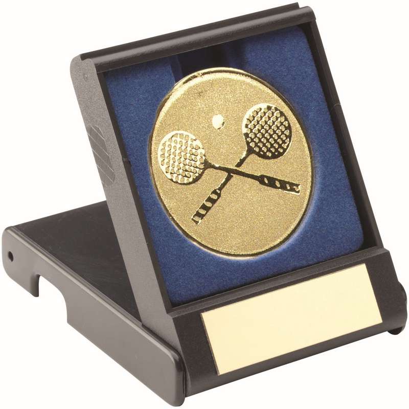 BLACK PLASTIC BOX WITH SQUASH INSERT TROPHY GOLD – 3.5in