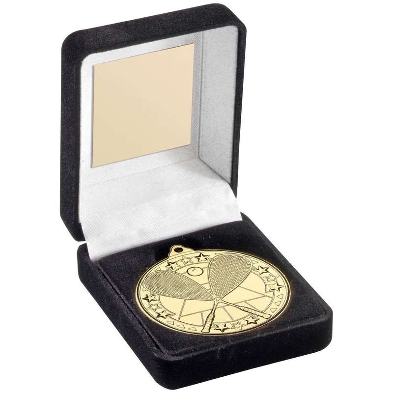 BLACK VELVET BOX AND 50mm MEDAL SQUASH TROPHY GOLD – 3.5in