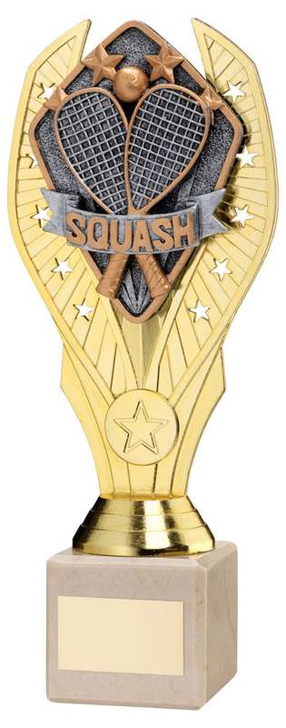 GOLD PLASTIC HOLDER + SQUASH DISC ON CREAM MARBLE TROPHY (1in CEN) – 7.75in