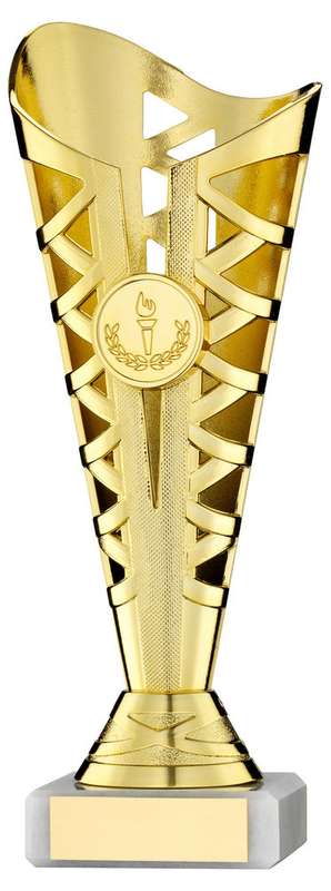 GOLD PLASTIC TITAN CUP ASSEMBLED ON MARBLE (1in CEN) – 8.75in
