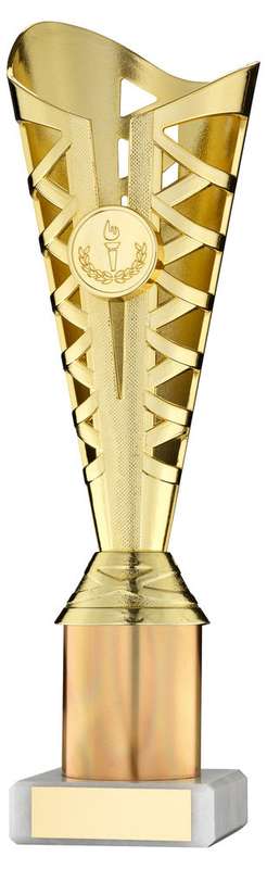 GOLD PLASTIC TITAN CUP ASSEMBLED ON MARBLE (1in CEN) – 9.75in