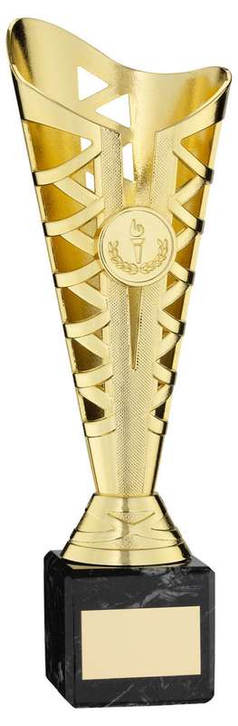 GOLD PLASTIC TITAN CUP ON BLACK MARBLE ASSEMBLED TROPHY (1in CEN) – 8.75in