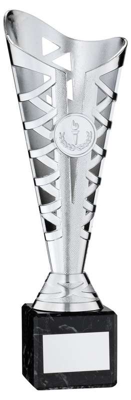 SILVER PLASTIC TITAN CUP ON BLACK MARBLE ASSEMBLED TROPHY (1in CEN) – 8.75in