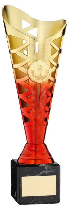 GOLD/RED PLASTIC TITAN CUP ON BLACK MARBLE ASSEMBLED TROPHY (1in CEN) – 8.75in