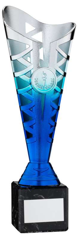SILVER/BLUE PLASTIC TITAN CUP ON BLK MARBLE ASSEMBLED TROPHY (1in CEN) – 8.75in