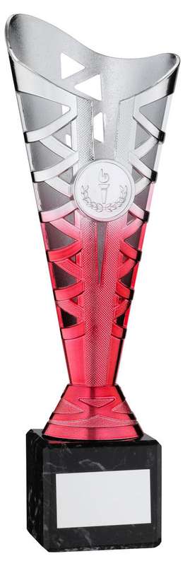 SILVER/PINK PLASTIC TITAN CUP ON BLK MARBLE ASSEMBLED TROPHY (1in CEN) – 8.75in