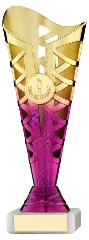 GOLD/PURPLE PLASTIC TITAN CUP ASSEMBLED ON MARBLE (1in CEN) – 8.75in