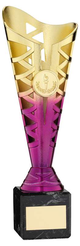 GOLD/PURPLE PLASTIC TITAN CUP ON BLK MARBLE ASSEMBLED TROPHY (1in CEN) – 8.75in