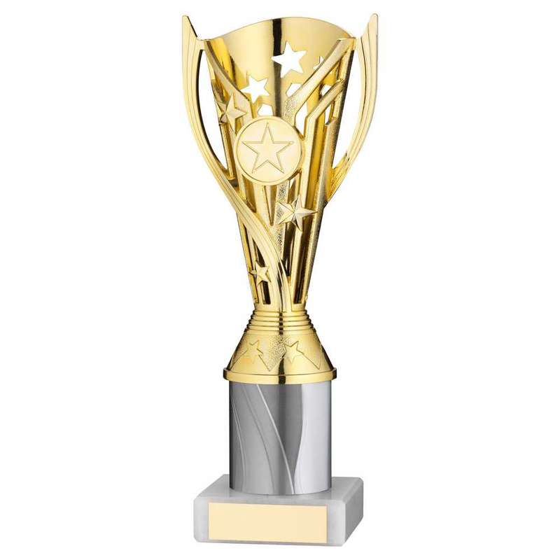 GOLD/WHITE PLASTIC FLASH CUP ASSEMBLED ON MARBLE (1in CEN) – 8in