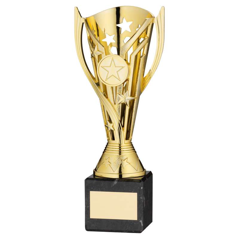 GOLD PLASTIC FLASH CUP ON BLACK MARBLE ASSEMBLED TROPHY (1″ CEN) – 6.75in