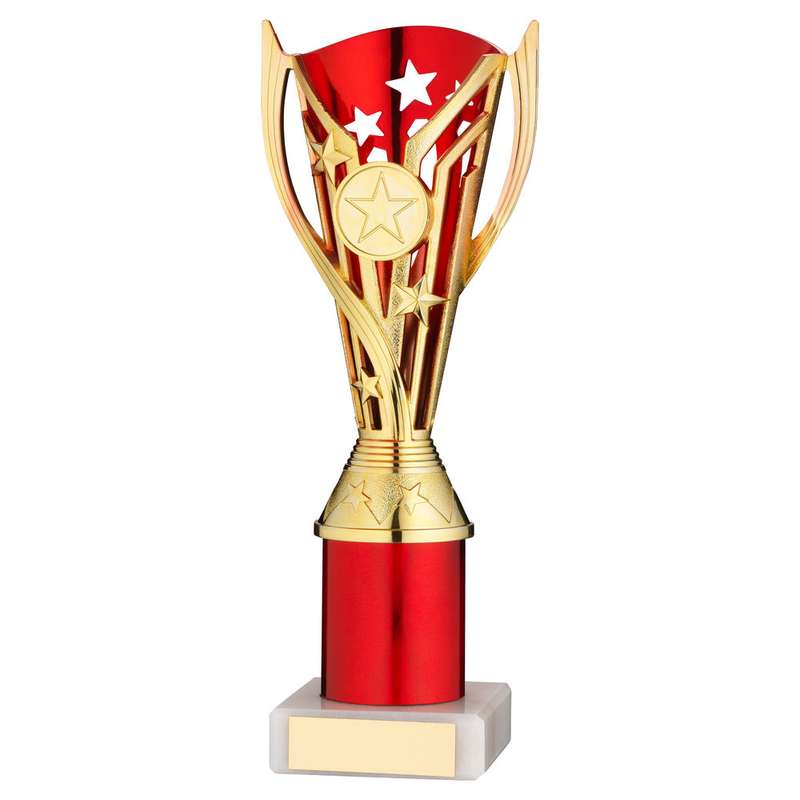 GOLD/RED PLASTIC FLASH CUP ASSEMBLED ON MARBLE WITH TUBE (1in CEN) – 8in