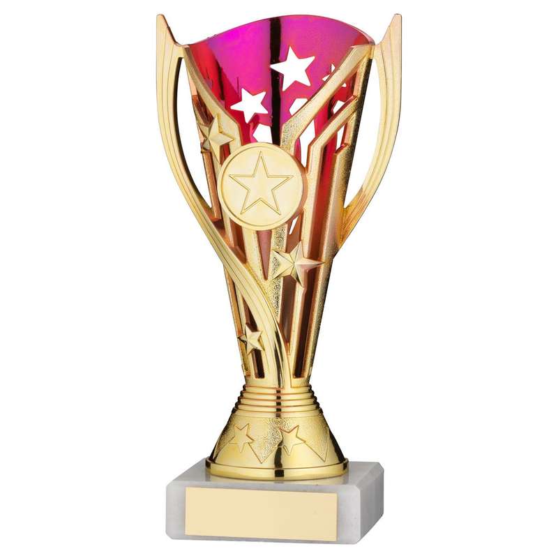 GOLD/PURPLE PLASTIC FLASH CUP ASSEMBLED ON MARBLE (1in CEN) – 7in
