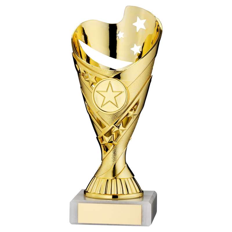 GOLD PLASTIC SABRE CUP ASSEMBLED ON MARBLE (1in CEN) - 7in