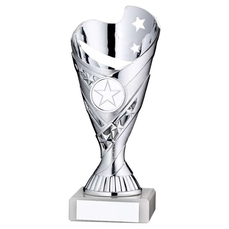 SILVER PLASTIC SABRE CUP ASSEMBLED ON MARBLE (1in CEN) – 7in