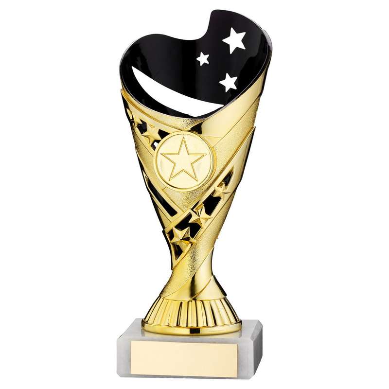 GOLD/BLACK PLASTIC SABRE CUP ASSEMBLED ON MARBLE (1in CEN) – 7in