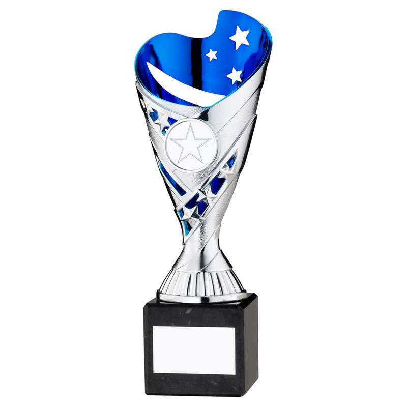 SILVER/BLUE PLASTIC SABRE CUP ON BLK MARBLE ASSEMBLED TROPHY (1″ CEN) – 6.75in