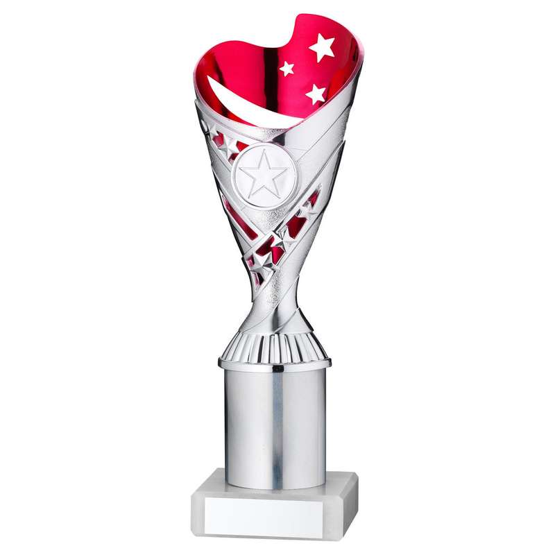 SILVER/PINK PLASTIC SABRE CUP ASSEMBLED ON MARBLE WITH TUBE (1in CEN) – 8in
