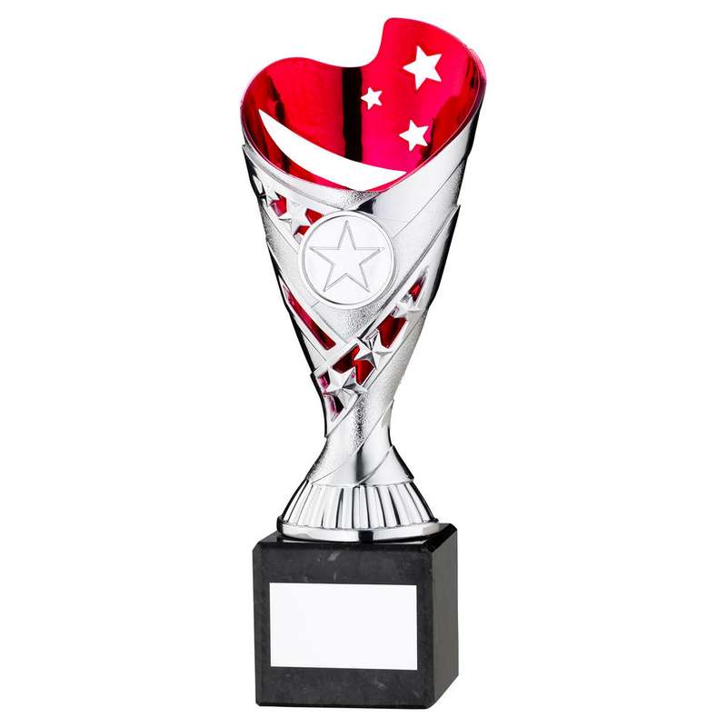SILVER/PINK PLASTIC SABRE CUP ON BLK MARBLE ASSEMBLED TROPHY (1″ CEN) – 6.75in