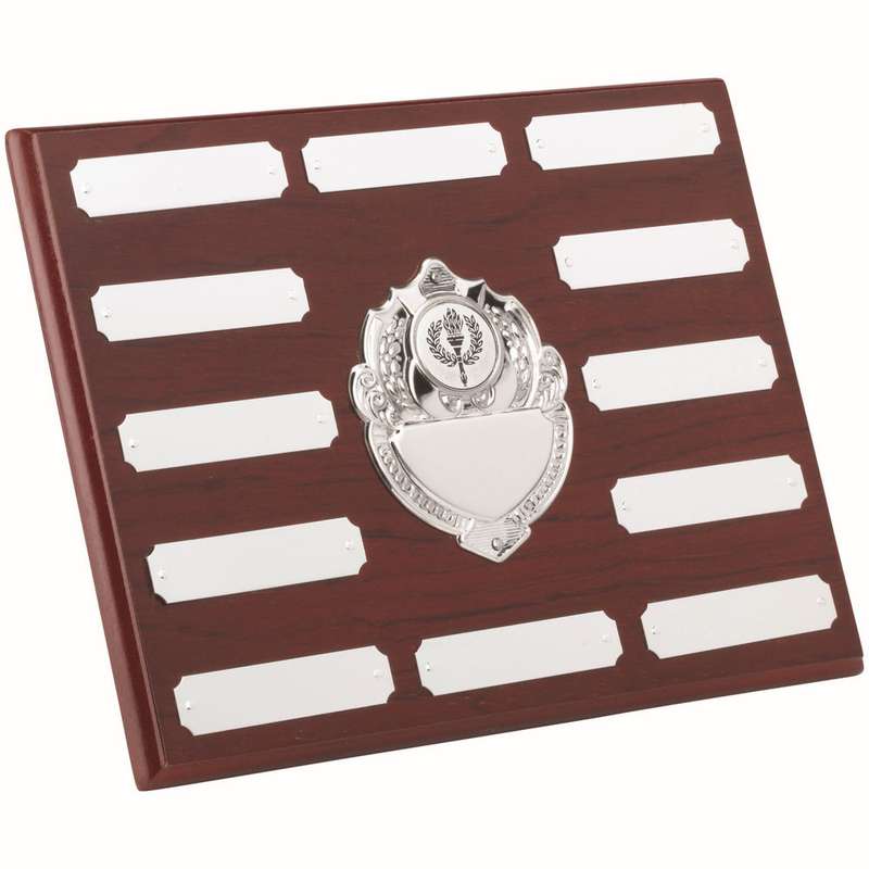 ROSEWOOD PLAQUE WITH CHROME FRONTS AND PLATES (1in CEN) 12 PLATES – 7 x 9in