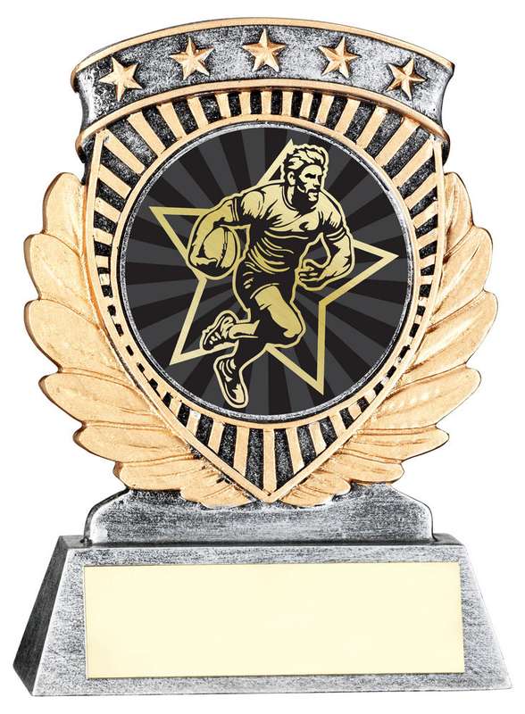 PEW/GOLD 5 STAR HOLDER WITH VINYL MALE RUGBY INSERT & PLATE – 3.75in