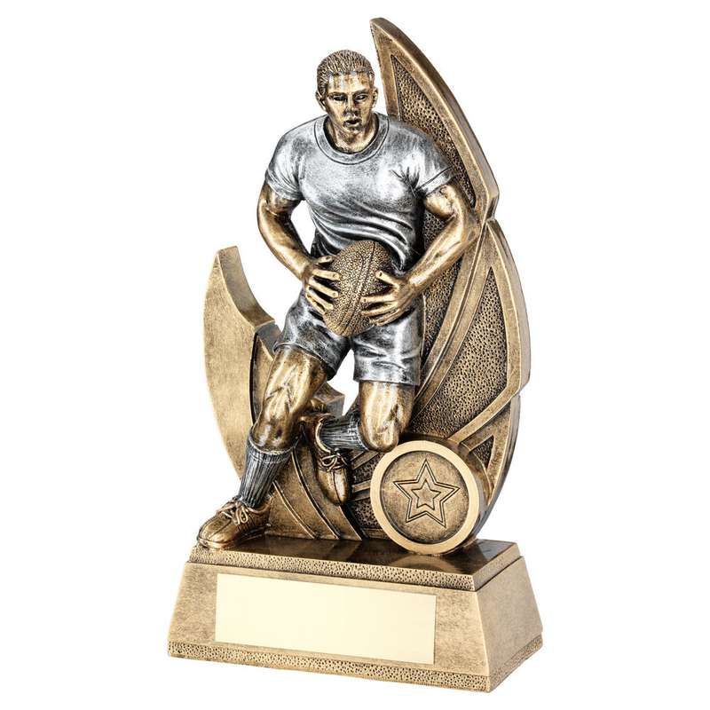 BRZ/PEW MALE RUGBY FIGURE ON BACKDROP WITH PLATE (1in CENTRE) – 6in