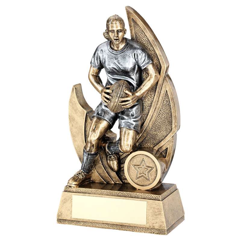 BRZ/PEW FEMALE RUGBY FIGURE ON BACKDROP WITH PLATE (1in CENTRE) – 6in