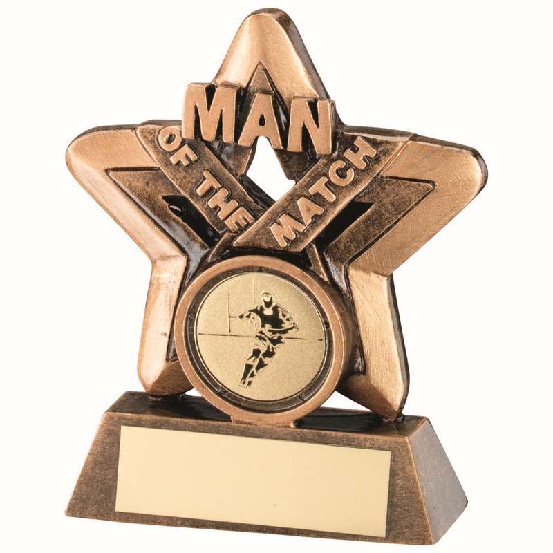 BRZ/GOLD MAN OF THE MATCH MINI STAR WITH RUGBY INSERT AND PLATE – 3.75in