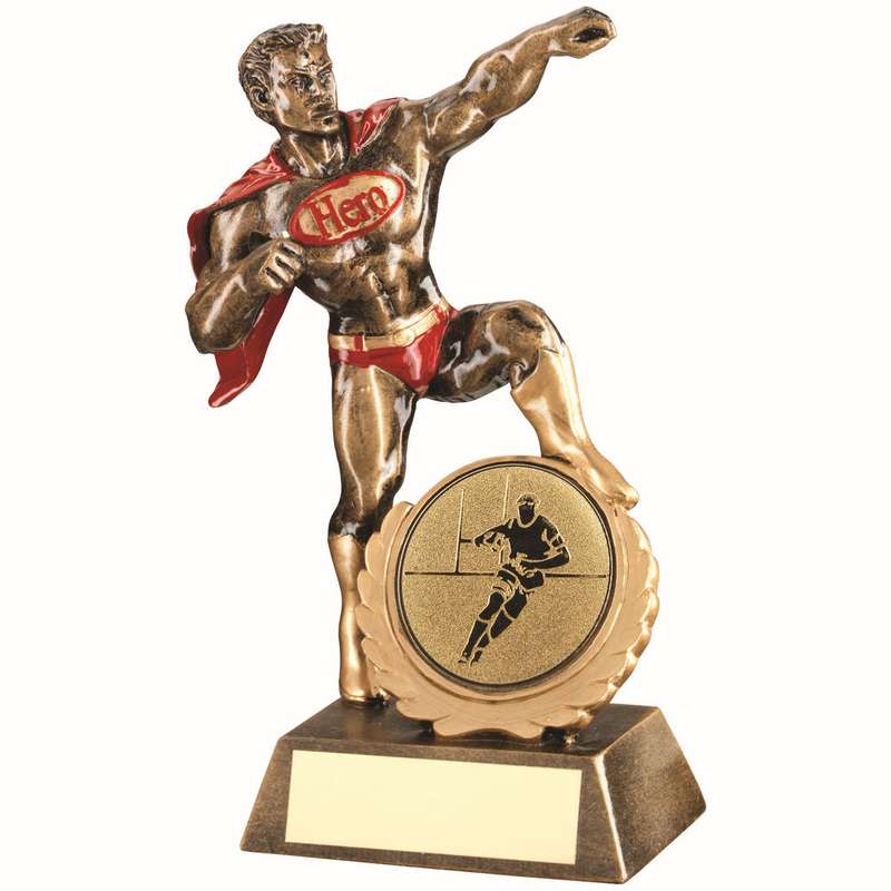 BRZ/GOLD/RED RESIN GENERIC HERO AWARD WITH RUGBY INSERT AND PLATE – 7.25in
