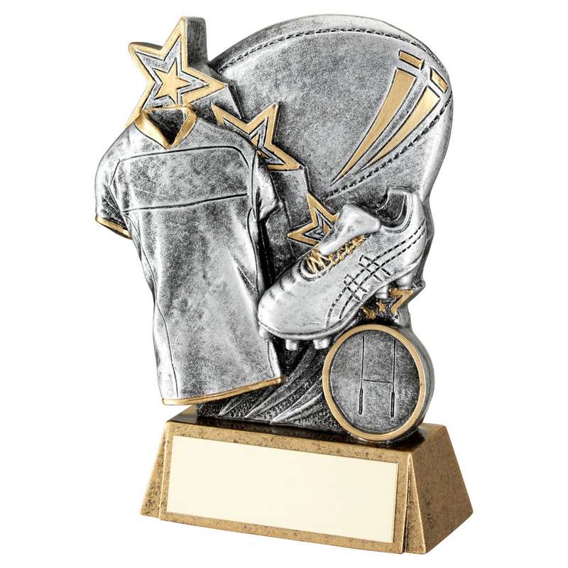 PEW/GOLD RUGBY BALL WITH BOOT/SHIRT ON BRZ BASE WITH PLATE (1in CEN) – 5.25″