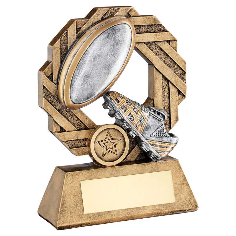 BRZ/PEW/GOLD RUGBY OCTO RIBBON SERIES WITH PLATE (1in CENTRE) – 6.5in