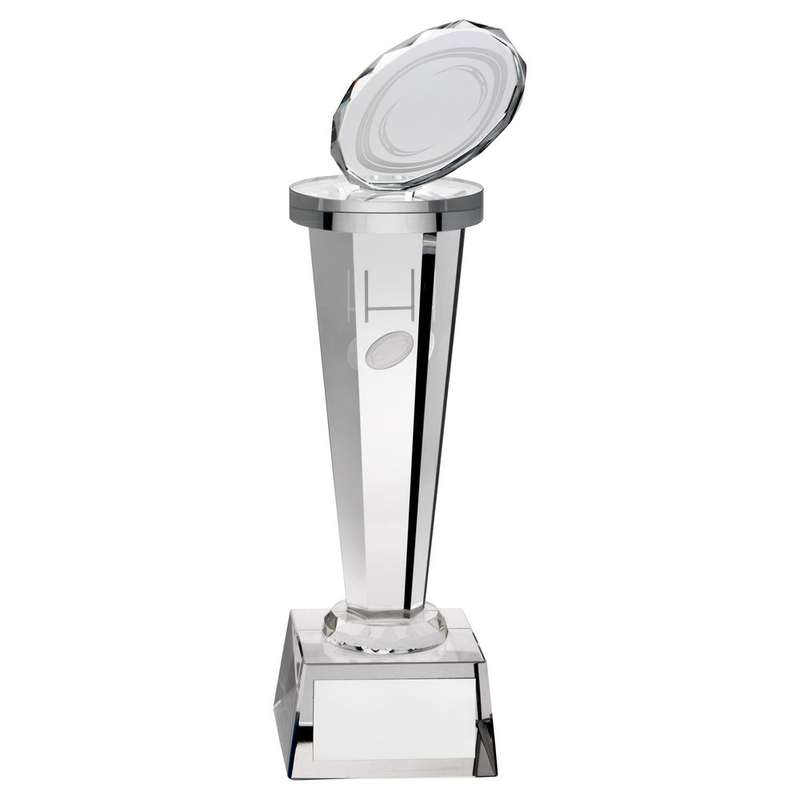 CLEAR GLASS COLUMN WITH LASERED RUGBY IMAGE WITH PLATE – 8in