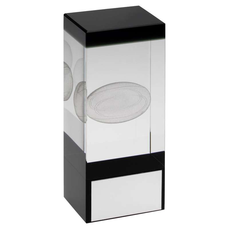 CLEAR/BLACK GLASS BLOCK WITH LASERED RUGBY IMAGE WITH PLATE – 4in