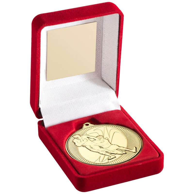RED VELVET BOX AND 50mm MEDAL RUGBY TROPHY GOLD – 3.5in
