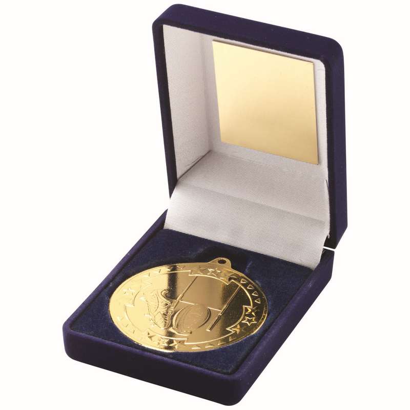 BLUE VELVET BOX AND 50mm MEDAL RUGBY TROPHY GOLD – 3.5in