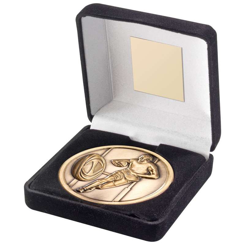 BLACK VELVET BOX AND 70mm MEDALLION RUGBY TROPHY ANTIQUE GOLD – 4in
