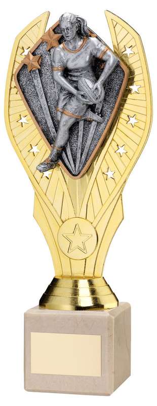 GOLD PLASTIC HOLDER + FEMALE RUGBY DISC ON CREAM MARBLE TROPHY (1in CEN) – 7.75in