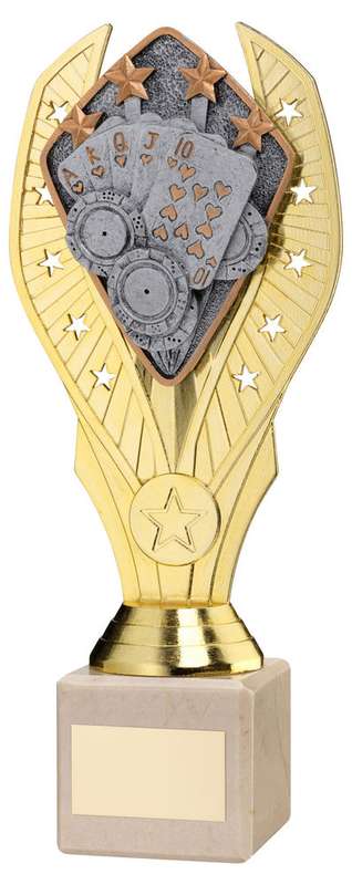 GOLD PLASTIC HOLDER + CARDS DISC ON CREAM MARBLE TROPHY (1in CEN) – 7.75in