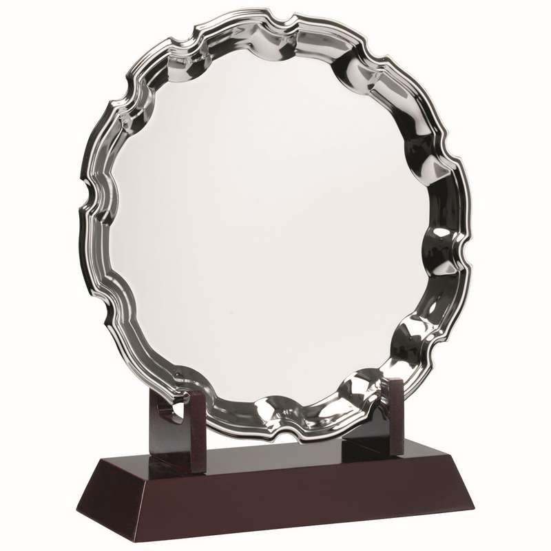 SILVER PLATED CHIPPENDALE SALVER ON WOODEN STAND – (6″ SALVER) 7.25in