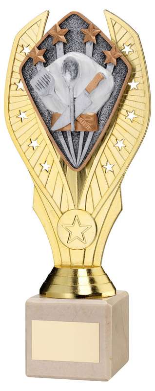GOLD PLASTIC HOLDER + COOKING DISC ON CREAM MARBLE TROPHY (1in CEN) – 7.75in