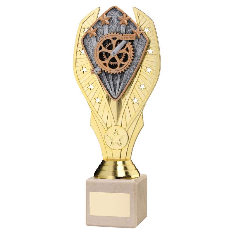 GOLD PLASTIC HOLDER + CYCLING DISC ON CREAM MARBLE TROPHY (1in CEN) – 7.75in